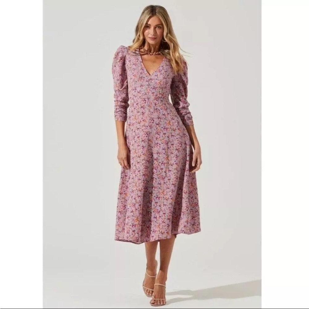 ASTR THE LABEL Puff Sleeve VNeckBack Cutout Midi Dress size xLarge Prairie Boho